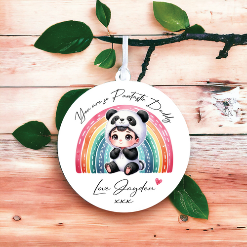 UV018 - Acrylic and UVDTF Personalised Round Hanging - Panda Rainbow Child Dress up 1 - Olifantjie - Wooden - MDF - Lasercut - Blank - Craft - Kit - Mixed Media - UK