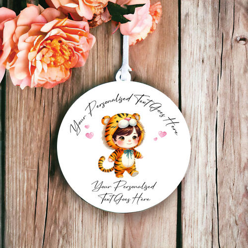 UV027 - Acrylic and UVDTF Personalised Round Hanging - Tiger Hearts Child Dress up 1 - Olifantjie - Wooden - MDF - Lasercut - Blank - Craft - Kit - Mixed Media - UK