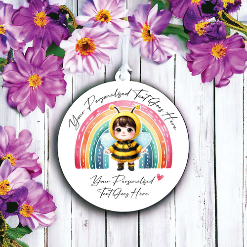 UV038 - Acrylic and UVDTF Personalised Round Hanging - Bee Rainbow Child Dress up 1 - Olifantjie - Wooden - MDF - Lasercut - Blank - Craft - Kit - Mixed Media - UK