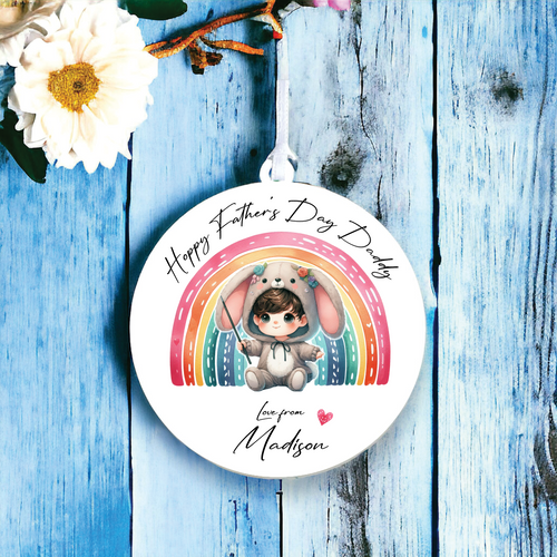 UV081 - Acrylic and UVDTF Personalised Round Hanging - Bunny Rainbow Child Dress up 1 - Olifantjie - Wooden - MDF - Lasercut - Blank - Craft - Kit - Mixed Media - UK