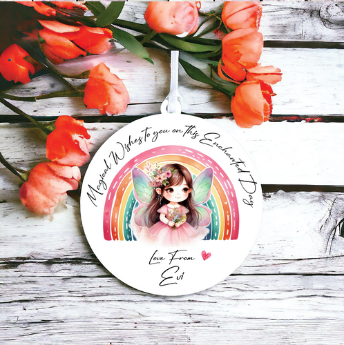 UV087 - Acrylic and UVDTF Personalised Round Hanging -  Fairy Rainbow Child Dress up 3 - Olifantjie - Wooden - MDF - Lasercut - Blank - Craft - Kit - Mixed Media - UK