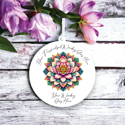 UV626 - Acrylic and UVDTF Personalised Round Hanging - Lotus Flower Mandala B - Olifantjie - Wooden - MDF - Lasercut - Blank - Craft - Kit - Mixed Media - UK