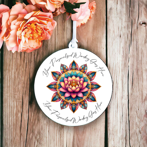 UV637 - Acrylic and UVDTF Personalised Round Hanging - Mandala Lotus - Olifantjie - Wooden - MDF - Lasercut - Blank - Craft - Kit - Mixed Media - UK