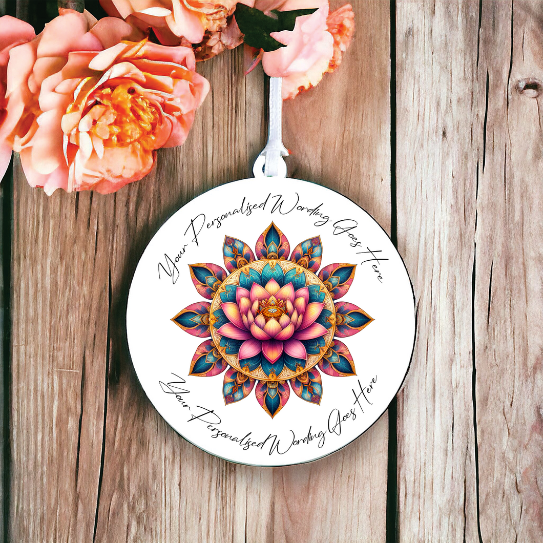 UV637 - Acrylic and UVDTF Personalised Round Hanging - Mandala Lotus - Olifantjie - Wooden - MDF - Lasercut - Blank - Craft - Kit - Mixed Media - UK