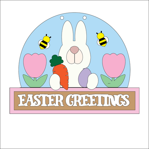 NO514 - MDF Large Bunny Rabbit Easter Sign 'Easter Greetings' - Olifantjie - Wooden - MDF - Lasercut - Blank - Craft - Kit - Mixed Media - UK