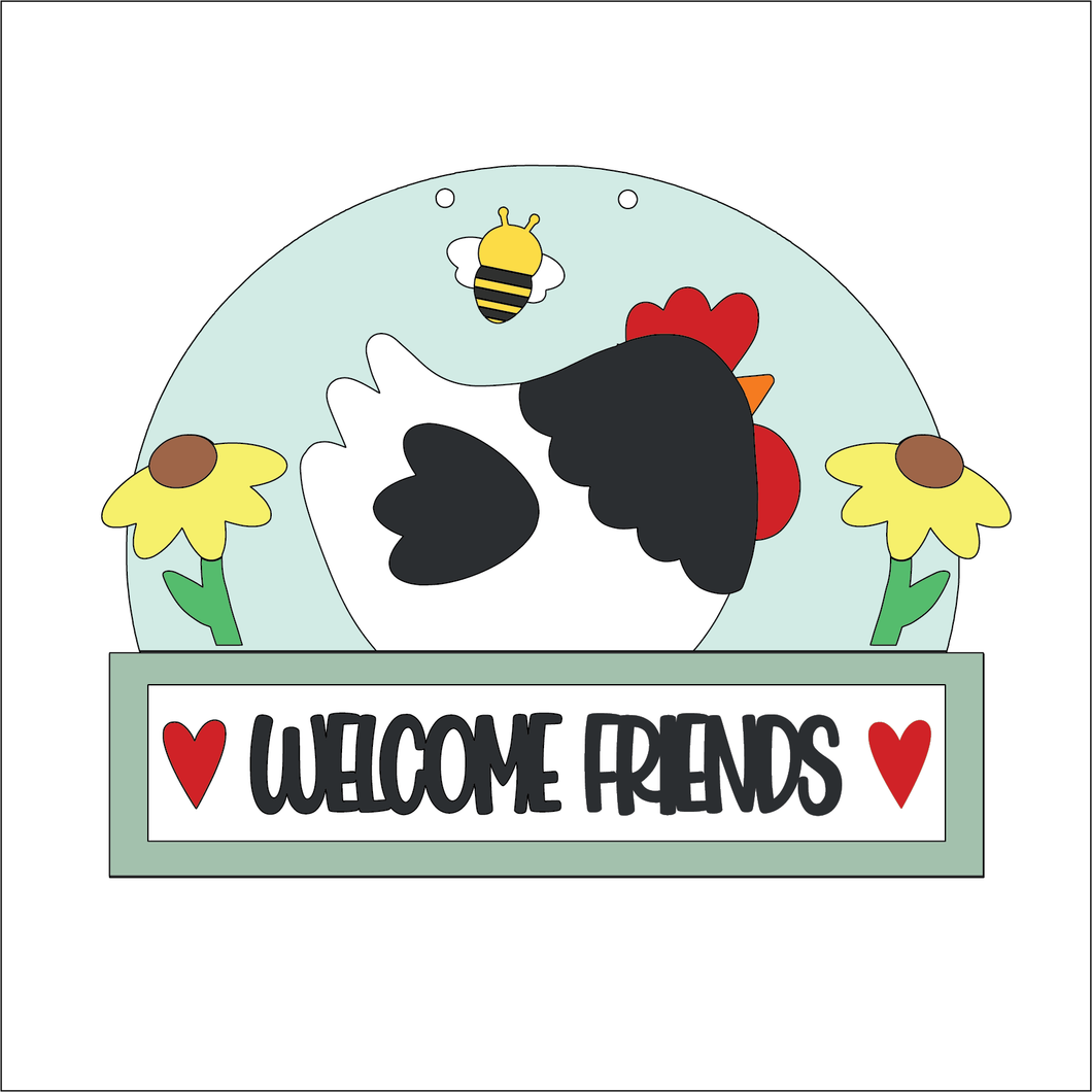 NO681 - MDF Large Welcome Friends Chicken Hanging Scene - Olifantjie - Wooden - MDF - Lasercut - Blank - Craft - Kit - Mixed Media - UK