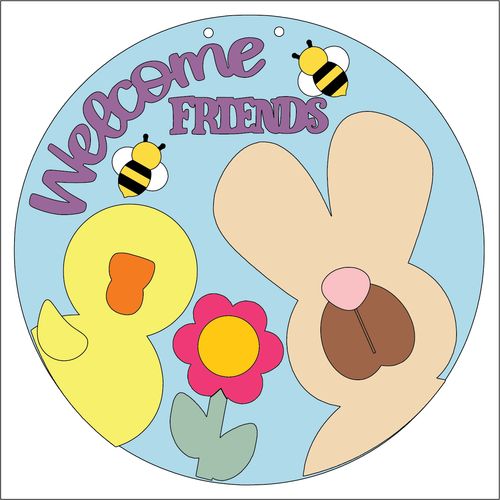 NO684 - MDF Large Welcome Friends Round Hanging - Olifantjie - Wooden - MDF - Lasercut - Blank - Craft - Kit - Mixed Media - UK