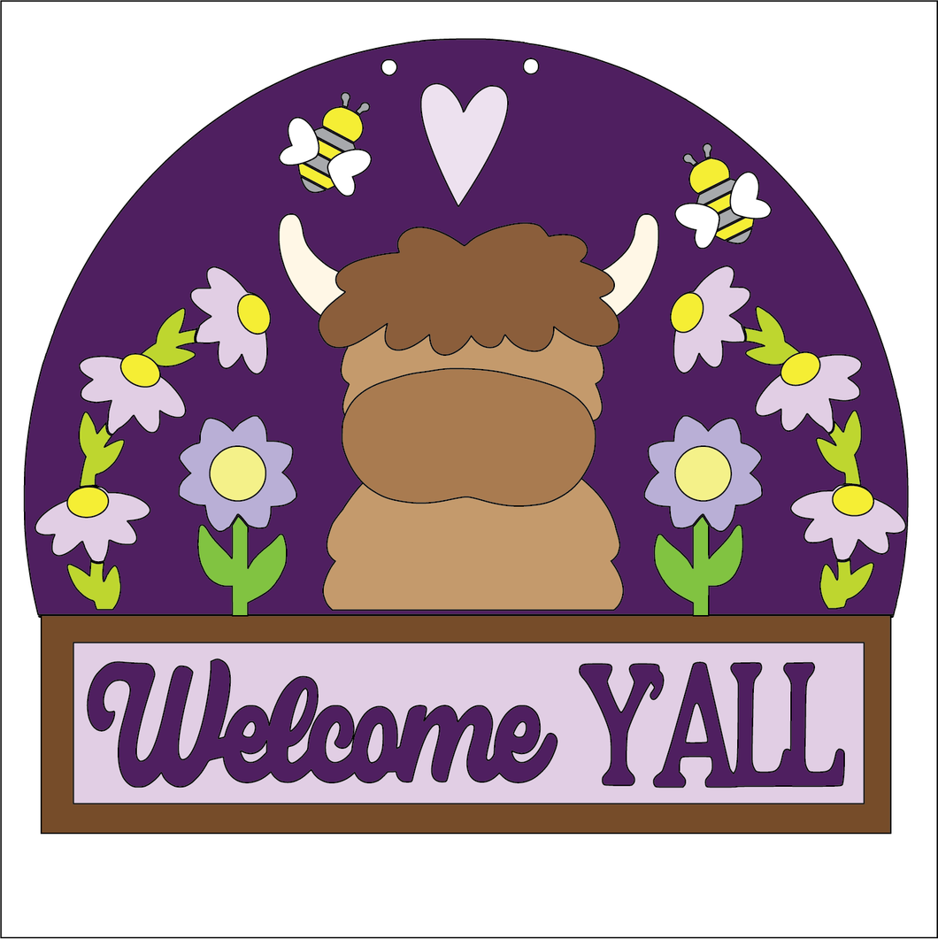 NO767 - MDF Highland Cow Welcome Yall Hanging Plaque - Olifantjie - Wooden - MDF - Lasercut - Blank - Craft - Kit - Mixed Media - UK