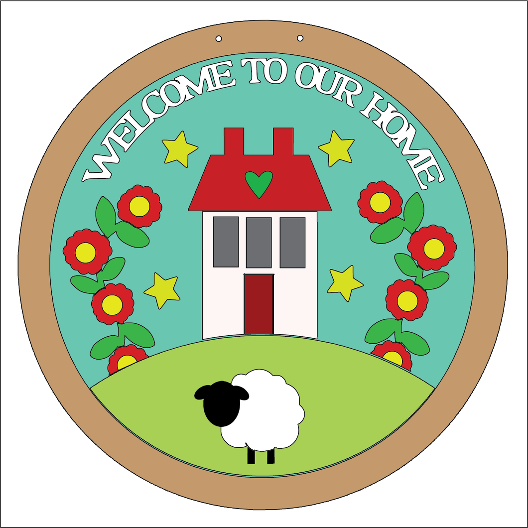 NO768 - MDF Round Welcome to our home House Sheep Hanging Plaque - Olifantjie - Wooden - MDF - Lasercut - Blank - Craft - Kit - Mixed Media - UK