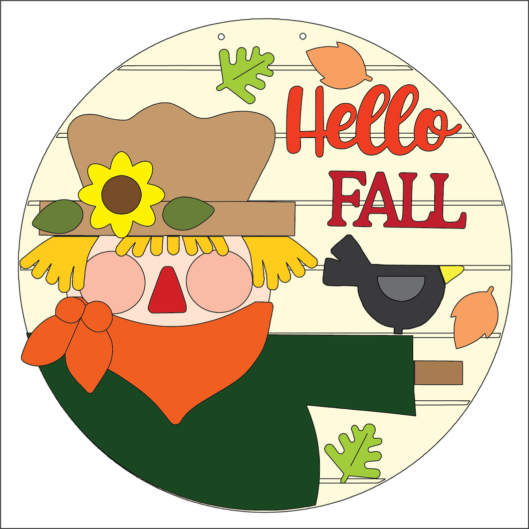 NO773 - MDF Round Hello Fall Scarecrow Hanging Plaque - Olifantjie - Wooden - MDF - Lasercut - Blank - Craft - Kit - Mixed Media - UK