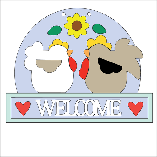NO798 - MDF Large Chicken Rooster Welcome Hanging Plaque - Olifantjie - Wooden - MDF - Lasercut - Blank - Craft - Kit - Mixed Media - UK