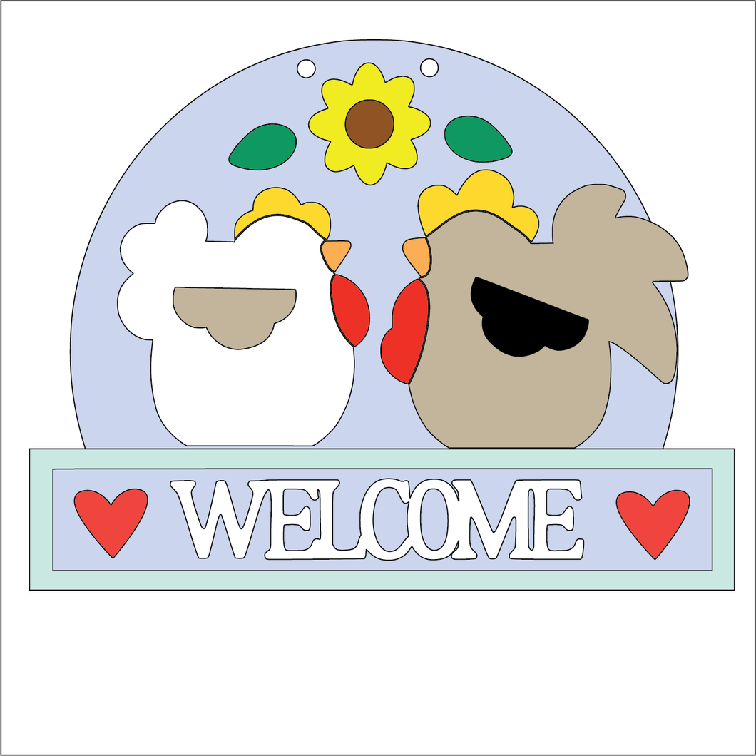 NO798 - MDF Large Chicken Rooster Welcome Hanging Plaque - Olifantjie - Wooden - MDF - Lasercut - Blank - Craft - Kit - Mixed Media - UK