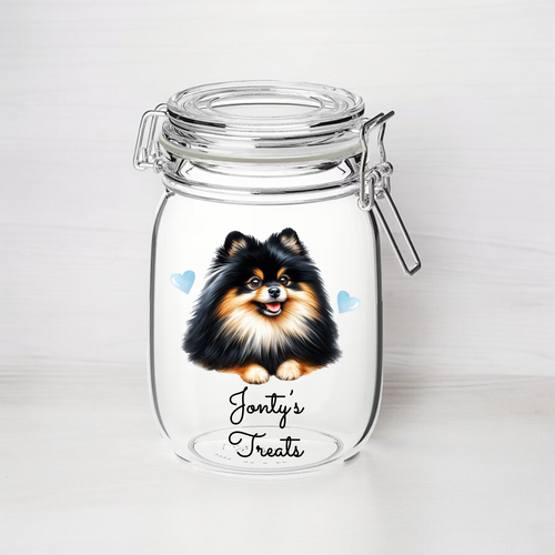 UV323 - Personalised Dog Treat UVDTF Decal with optional Heart colour - Pomeranian Black and Tan - Olifantjie - Wooden - MDF - Lasercut - Blank - Craft - Kit - Mixed Media - UK