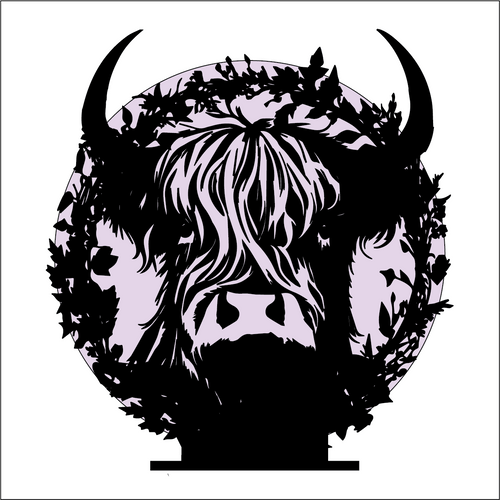 OL5021 - MDF Highland Cow Silhouette Themed Circle - Freestanding or Hanging/no holes - Acrylic white, or clear or MDF Circle - Olifantjie - Wooden - MDF - Lasercut - Blank - Craft - Kit - Mixed Media - UK