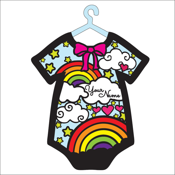 OL5074 - MDF Doodle layered personalised baby grow - Rainbow Cloud Theme
