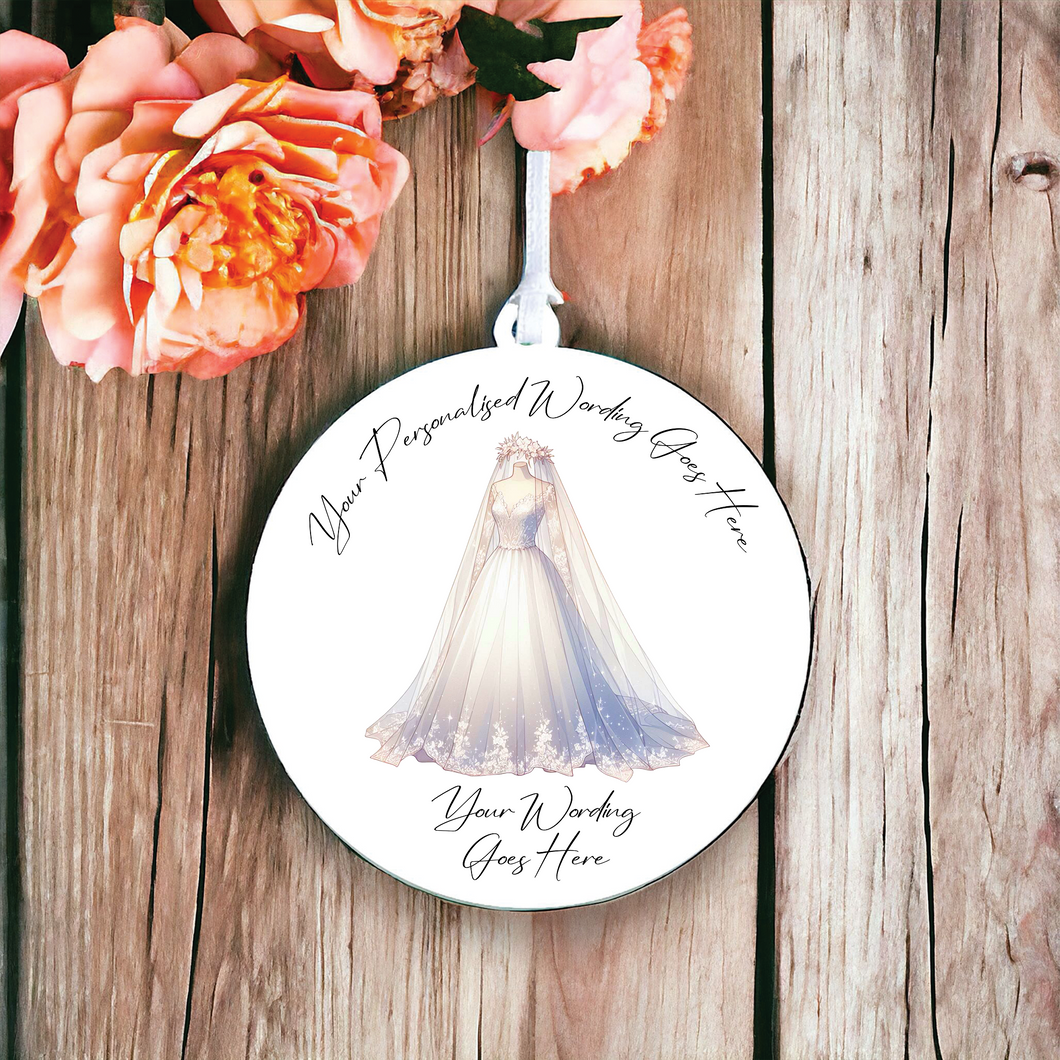 UV649 - Acrylic and UVDTF Personalised Round Hanging  - Wedding Dress and Veil - Olifantjie - Wooden - MDF - Lasercut - Blank - Craft - Kit - Mixed Media - UK