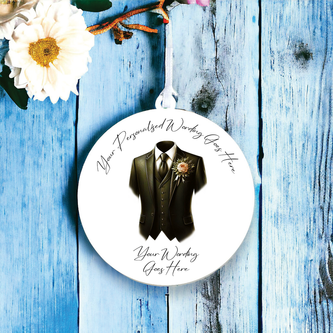 UV659 - Acrylic and UVDTF Personalised Round Hanging  - Wedding theme - Suit Jacket Groom Best Man Prom - I - Olifantjie - Wooden - MDF - Lasercut - Blank - Craft - Kit - Mixed Media - UK