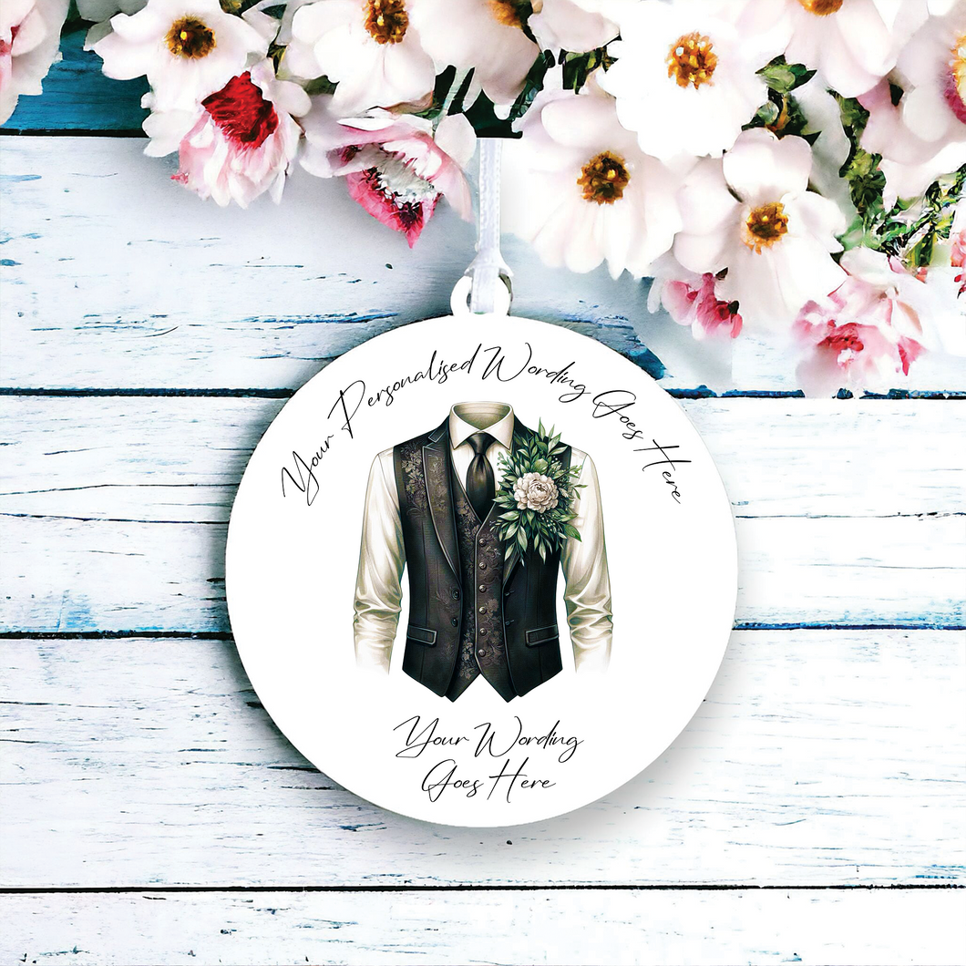 UV678 - Acrylic and UVDTF Personalised Round Hanging  - Wedding theme - Wedding Suit Groom Waistcoat F - Olifantjie - Wooden - MDF - Lasercut - Blank - Craft - Kit - Mixed Media - UK