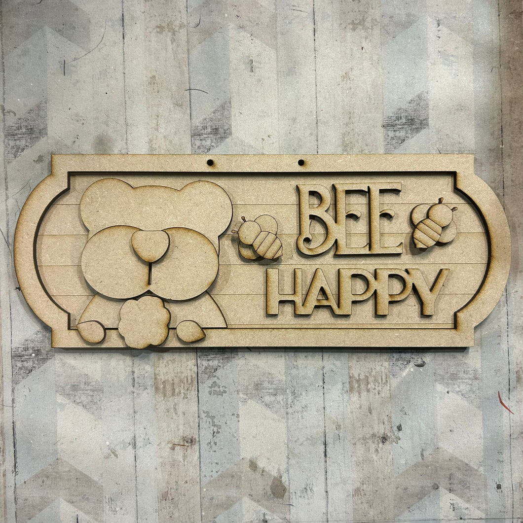 NO582 - MDF Bee Happy Bear 25cm Street Sign - Olifantjie - Wooden - MDF - Lasercut - Blank - Craft - Kit - Mixed Media - UK