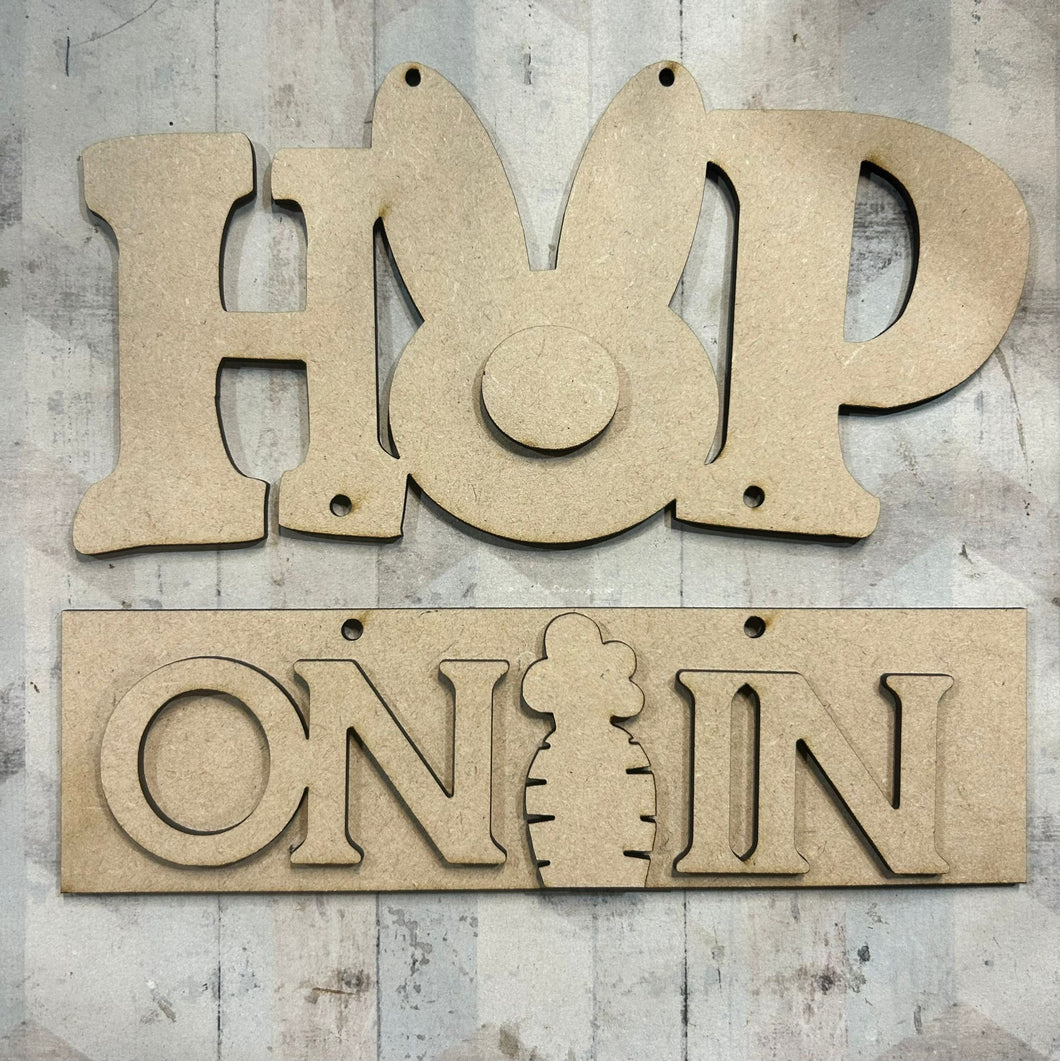 NO596 - MDF 20cm Easter Hop on In Hanging Sign - Olifantjie - Wooden - MDF - Lasercut - Blank - Craft - Kit - Mixed Media - UK