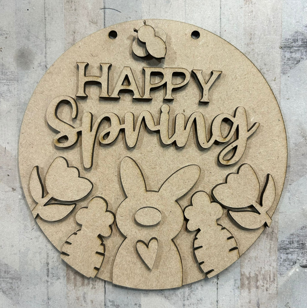 NO585 - MDF 15cm Happy Spring Sign - Olifantjie - Wooden - MDF - Lasercut - Blank - Craft - Kit - Mixed Media - UK