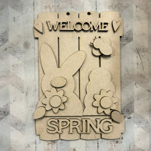 NO586 - MDF 2 Sizes Welcome Spring Plank Hanging - Olifantjie - Wooden - MDF - Lasercut - Blank - Craft - Kit - Mixed Media - UK