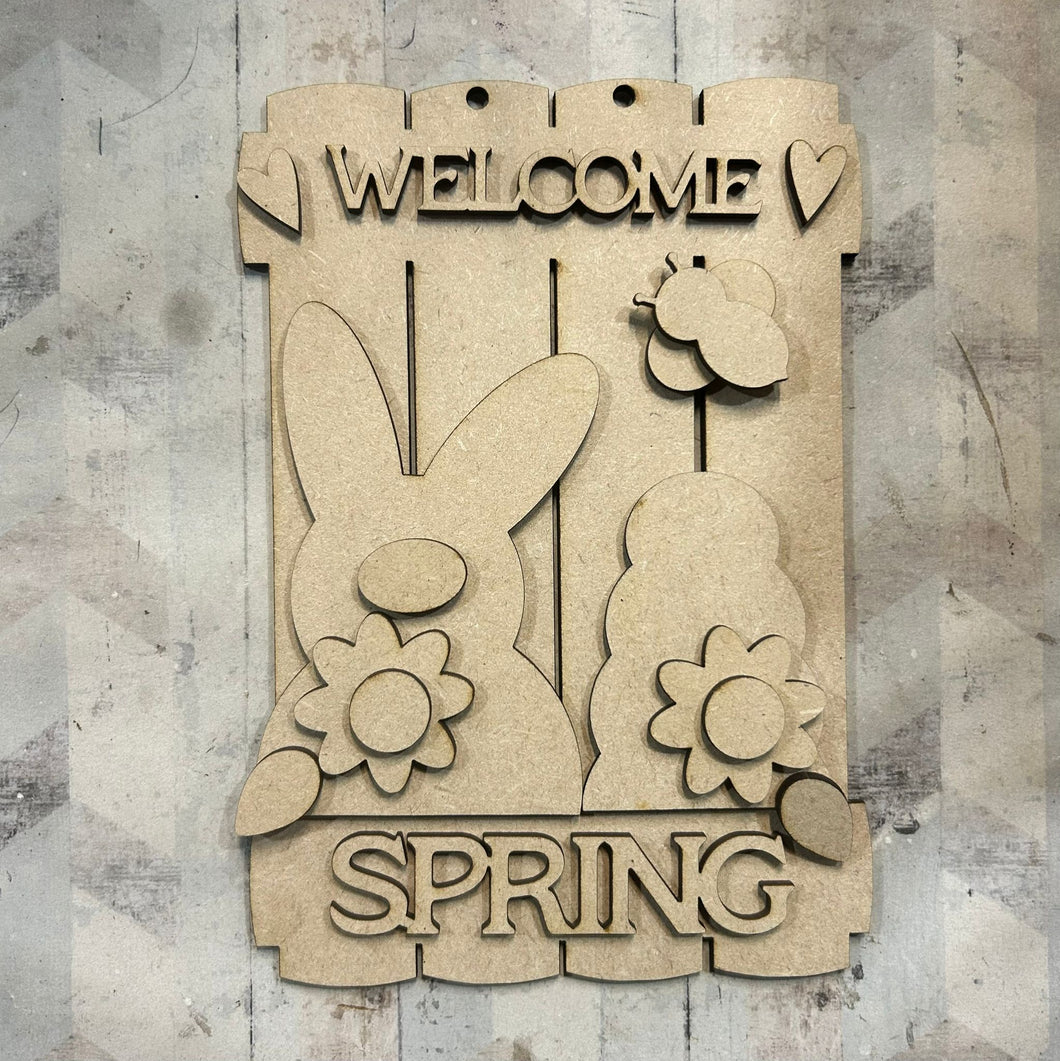 NO586 - MDF 2 Sizes Welcome Spring Plank Hanging - Olifantjie - Wooden - MDF - Lasercut - Blank - Craft - Kit - Mixed Media - UK