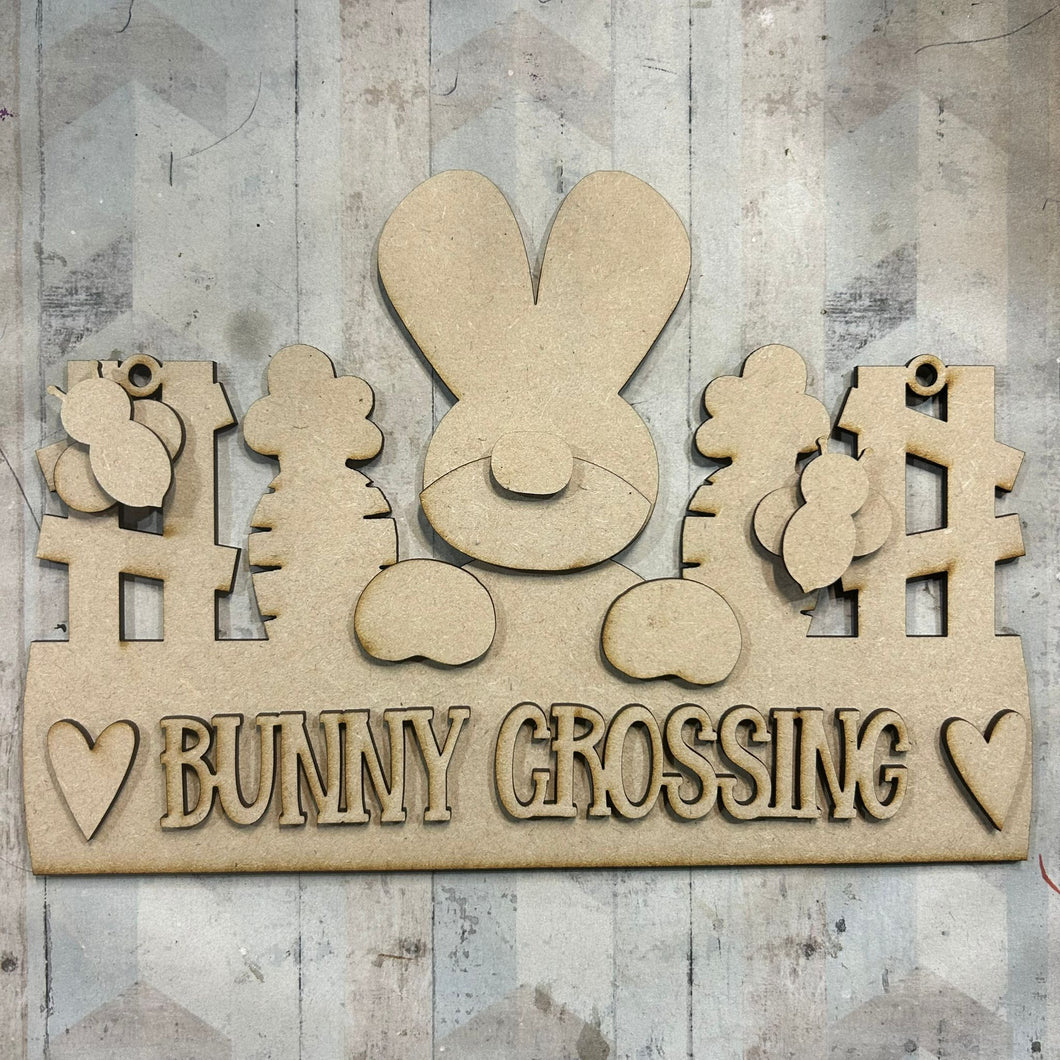 NO604 - MDF Large Bunny Crossing Hanging Scene - Olifantjie - Wooden - MDF - Lasercut - Blank - Craft - Kit - Mixed Media - UK