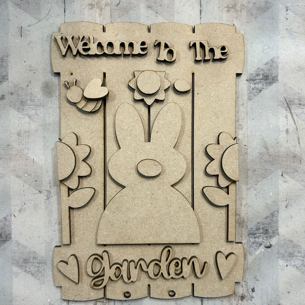 NO602 - MDF 2 Sizes Welcome Garden Flower Bunny Plank Hanging - Olifantjie - Wooden - MDF - Lasercut - Blank - Craft - Kit - Mixed Media - UK