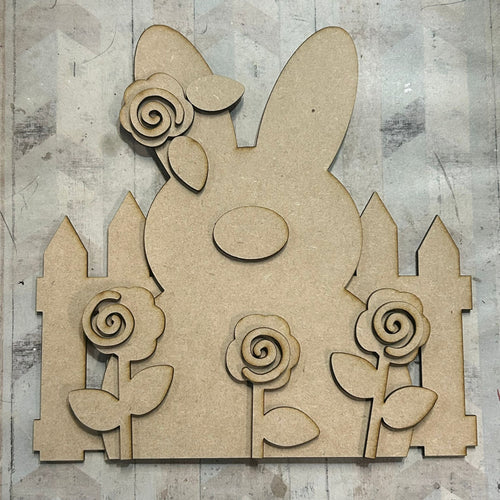 NO610 - MDF Large Freestanding Flower Patch Bunny Scene - Olifantjie - Wooden - MDF - Lasercut - Blank - Craft - Kit - Mixed Media - UK