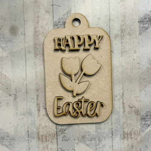 NO607 - MDF 2 Sizes Farmhouse Tulip Happy Easter Tag Hanging - Olifantjie - Wooden - MDF - Lasercut - Blank - Craft - Kit - Mixed Media - UK