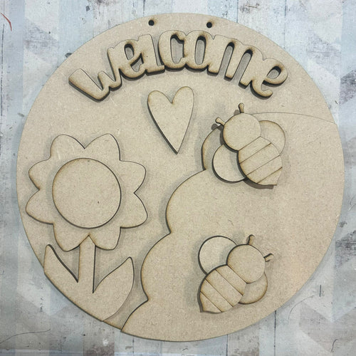 NO578 - MDF Large Bee Welcome Hanging Sign - Olifantjie - Wooden - MDF - Lasercut - Blank - Craft - Kit - Mixed Media - UK