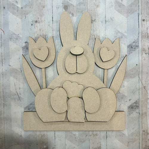 NO576 - MDF Large Bunny Tulip Freestanding Scene - Olifantjie - Wooden - MDF - Lasercut - Blank - Craft - Kit - Mixed Media - UK