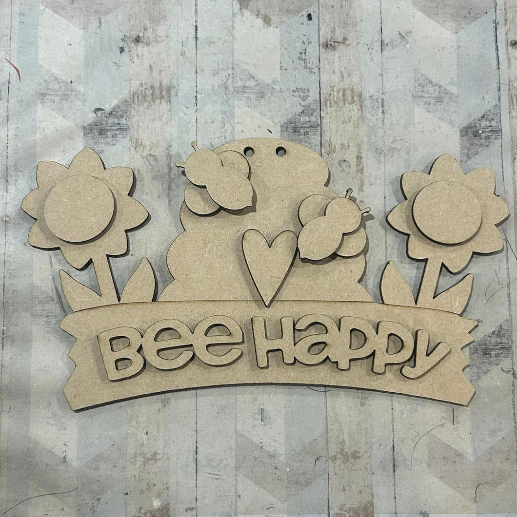 NO577 - MDF Large Bee Happy Hanging Scene - Olifantjie - Wooden - MDF - Lasercut - Blank - Craft - Kit - Mixed Media - UK