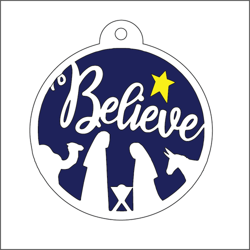 NO300 - MDF 2 Sizes Christmas  Hanging Bauble - Believe Nativity - Olifantjie - Wooden - MDF - Lasercut - Blank - Craft - Kit - Mixed Media - UK