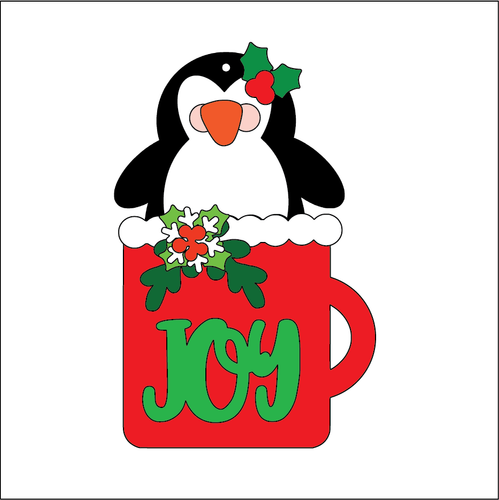 NO219 - MDF 2 Sizes Christmas Joy Mug Penguin Hanging Bauble - Olifantjie - Wooden - MDF - Lasercut - Blank - Craft - Kit - Mixed Media - UK