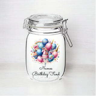 UV358 - Personalised Fund Jar UVDTF Decal - Birthday Themed - Balloons and Unicorn - Olifantjie - Wooden - MDF - Lasercut - Blank - Craft - Kit - Mixed Media - UK