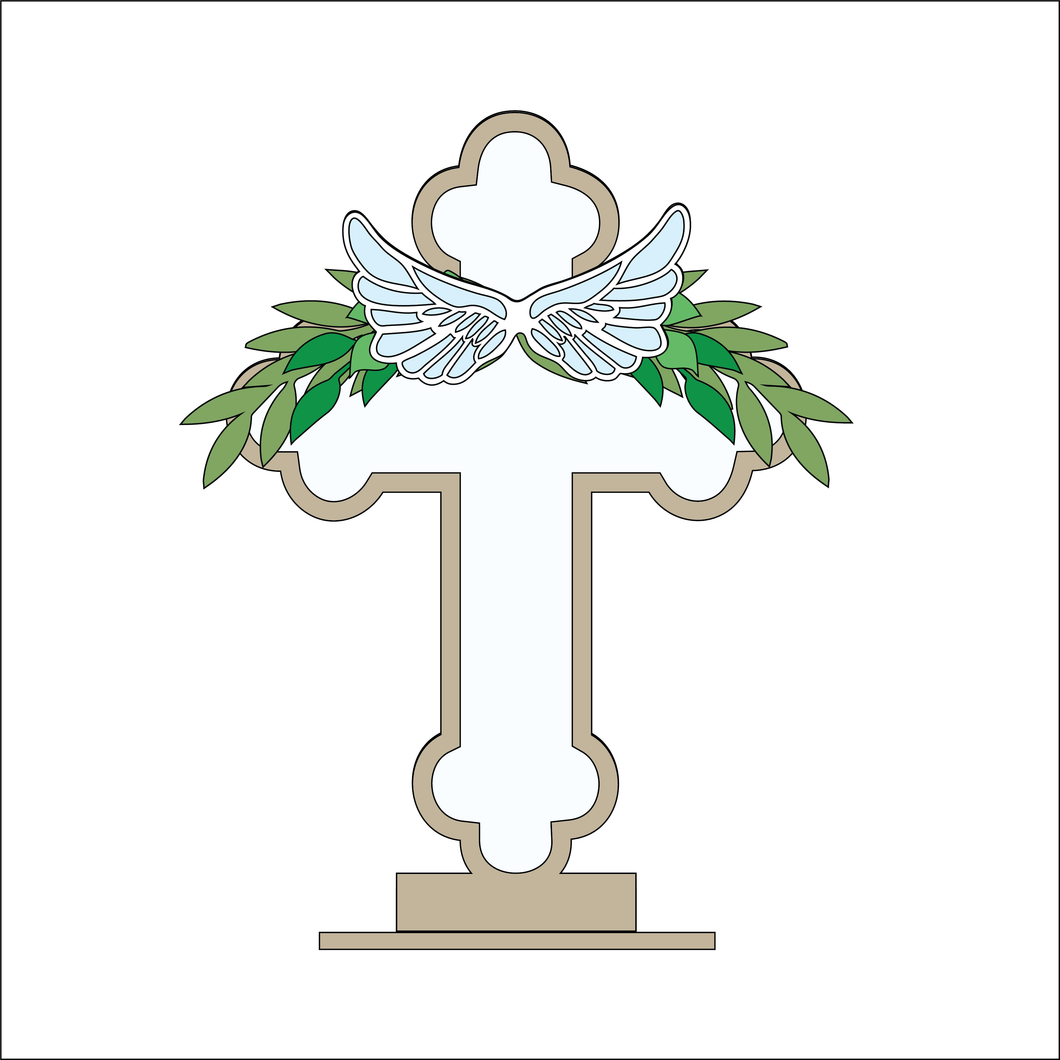 OL4851 - MDF and Acrylic Cross - Freestanding or Hanging/no holes - Acrylic white, or clear or MDF Cross - Angel wings and Foilage - Olifantjie - Wooden - MDF - Lasercut - Blank - Craft - Kit - Mixed Media - UK