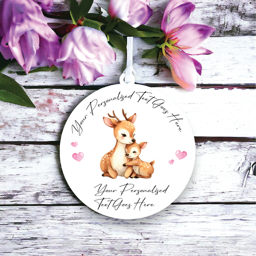 UV116 - Acrylic and UVDTF Personalised Round Hanging - Deer Hearts Couple Adult and Child - Olifantjie - Wooden - MDF - Lasercut - Blank - Craft - Kit - Mixed Media - UK