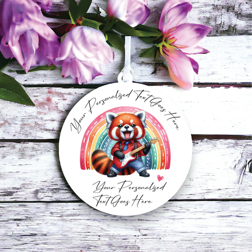 UV118 - Acrylic and UVDTF Personalised Round Hanging - Rainbow Red Panda Male Father Guitar - Olifantjie - Wooden - MDF - Lasercut - Blank - Craft - Kit - Mixed Media - UK