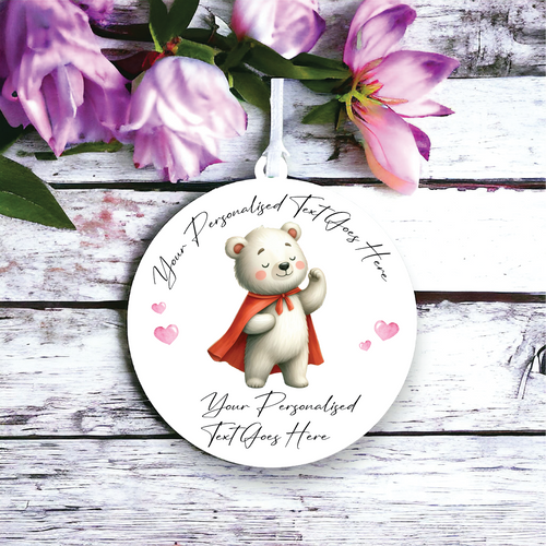 UV119 - Acrylic and UVDTF Personalised Round Hanging - Super hero bear - Olifantjie - Wooden - MDF - Lasercut - Blank - Craft - Kit - Mixed Media - UK