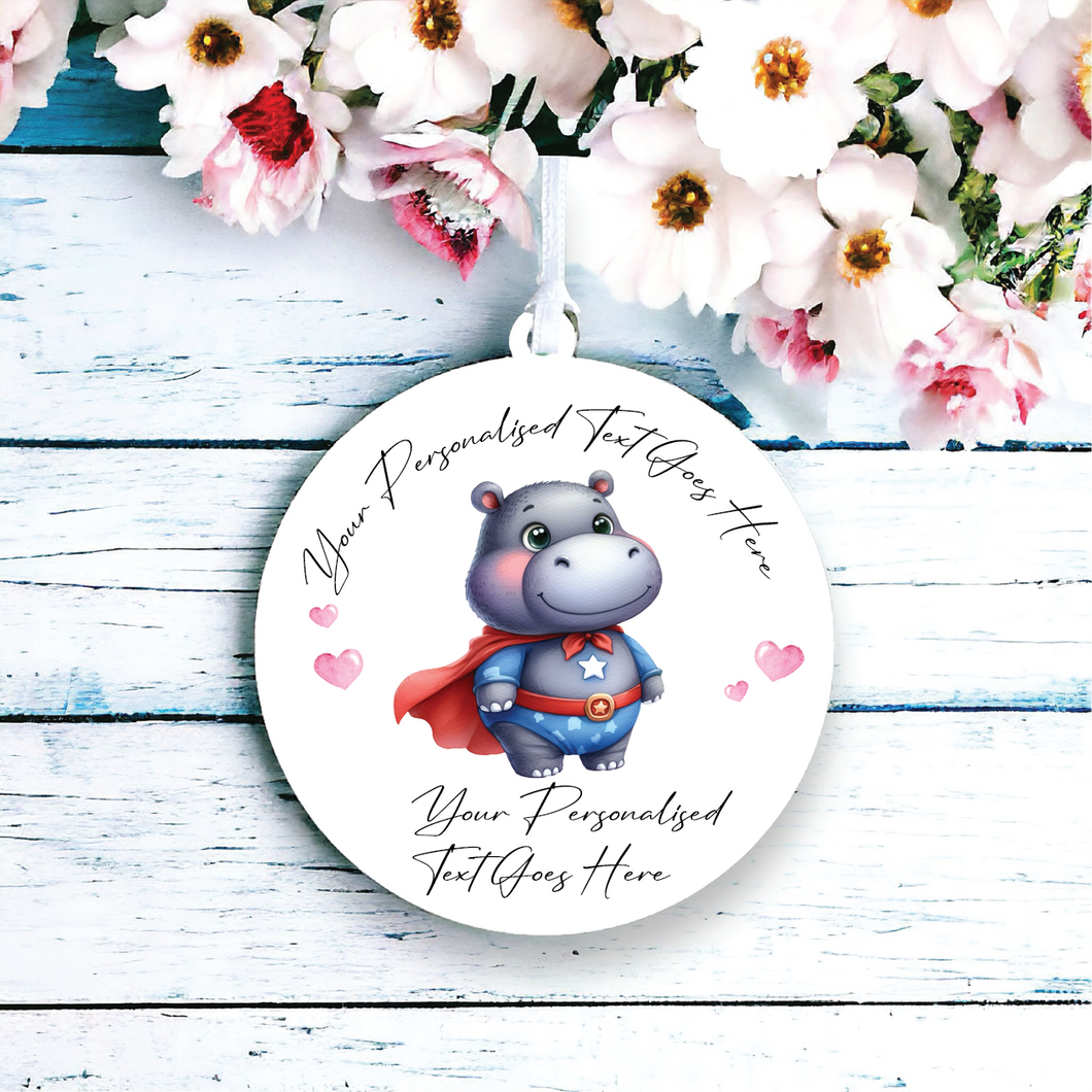 UV123 - Acrylic and UVDTF Personalised Round Hanging - Hippo Superhero - Olifantjie - Wooden - MDF - Lasercut - Blank - Craft - Kit - Mixed Media - UK