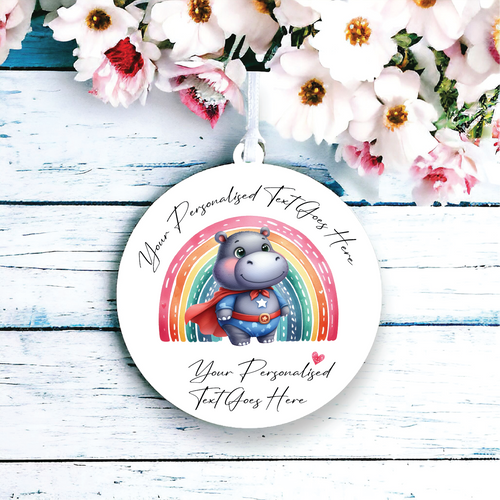 UV124 - Acrylic and UVDTF Personalised Round Hanging - Rainbow Hippo Super Hero - Olifantjie - Wooden - MDF - Lasercut - Blank - Craft - Kit - Mixed Media - UK