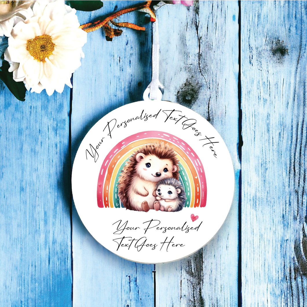 UV128 - Acrylic and UVDTF Personalised Round Hanging - Rainbow Hedgehog Couple Adult Child - Olifantjie - Wooden - MDF - Lasercut - Blank - Craft - Kit - Mixed Media - UK