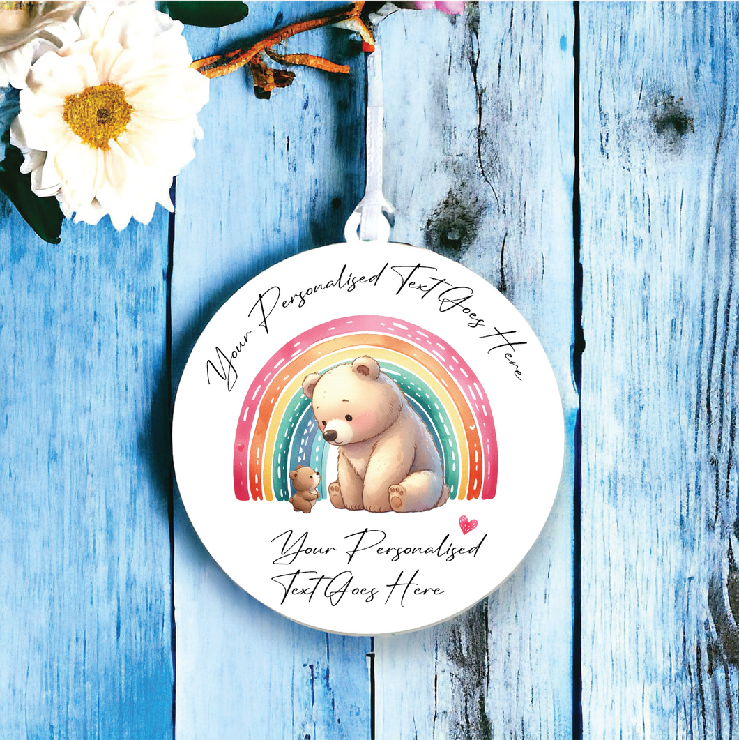 UV130 - Acrylic and UVDTF Personalised Round Hanging - Rainbow Bear and Child - Olifantjie - Wooden - MDF - Lasercut - Blank - Craft - Kit - Mixed Media - UK