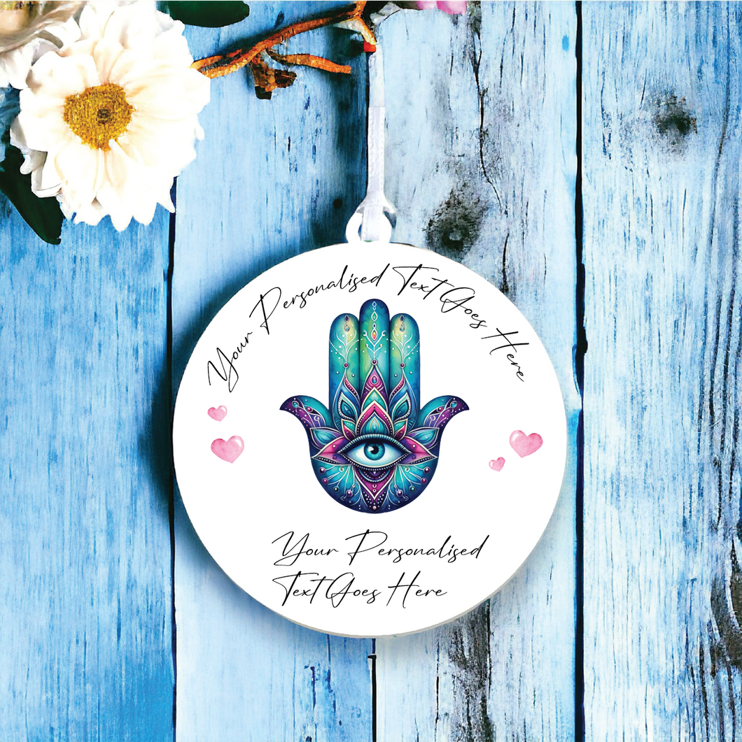 UV131 - Acrylic and UVDTF Personalised Round Hanging - Hamsa Hand Blue - Olifantjie - Wooden - MDF - Lasercut - Blank - Craft - Kit - Mixed Media - UK