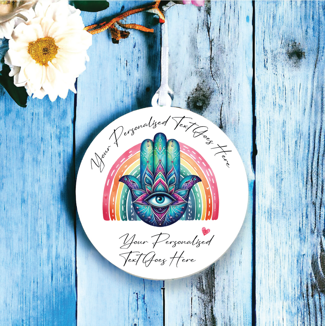 UV132 - Acrylic and UVDTF Personalised Round Hanging - Rainbow Hamsa Hand Blue - Olifantjie - Wooden - MDF - Lasercut - Blank - Craft - Kit - Mixed Media - UK