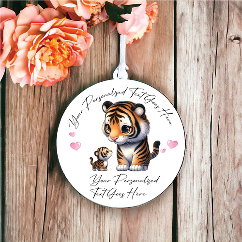 UV139 - Acrylic and UVDTF Personalised Round Hanging - Tiger Couple Adult and Child - Olifantjie - Wooden - MDF - Lasercut - Blank - Craft - Kit - Mixed Media - UK