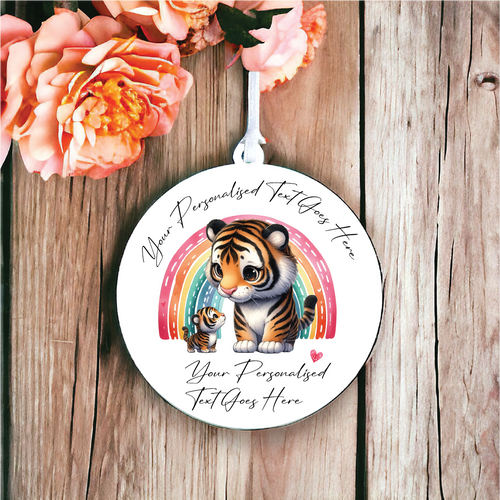 UV140 - Acrylic and UVDTF Personalised Round Hanging - Rainbow  Tiger Couple Adult and Child - Olifantjie - Wooden - MDF - Lasercut - Blank - Craft - Kit - Mixed Media - UK