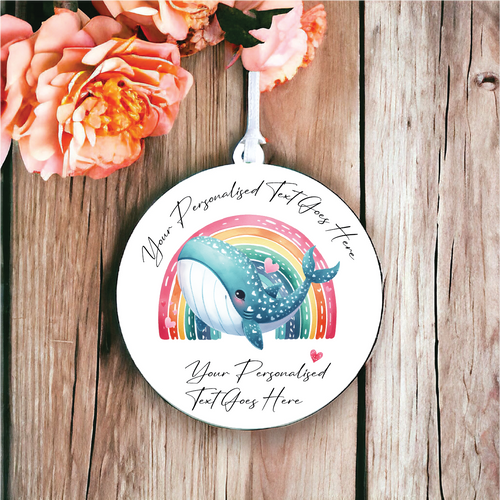 UV142 - Acrylic and UVDTF Personalised Round Hanging - Rainbow  Whale - Olifantjie - Wooden - MDF - Lasercut - Blank - Craft - Kit - Mixed Media - UK